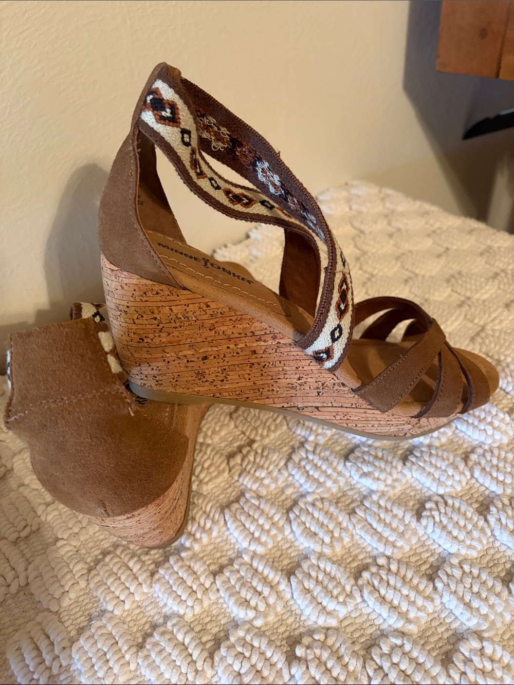 Minnetonka Brown Wedge Sandals with Patterned Ankle Strap - Women